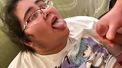 hairy fatty sucks cocks and gets sprayed with cum