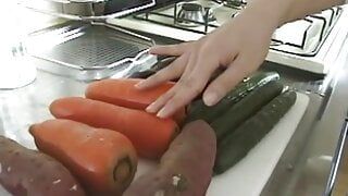 japanese babe insert carrot on her hairy pussy masturbating